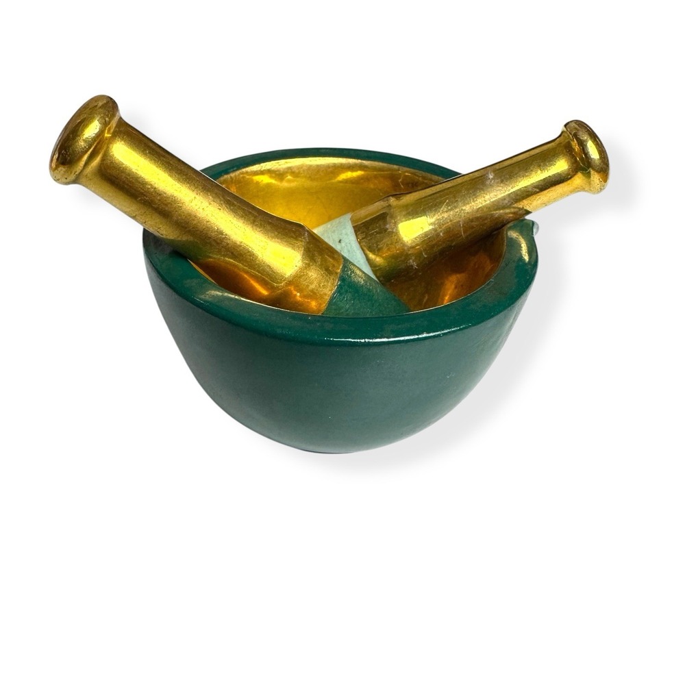 Vintage Ceramic Mortar & Pestles Green Gold 3.5" Small Bowl Dish RX Herb Grinder - Picture 8 of 14